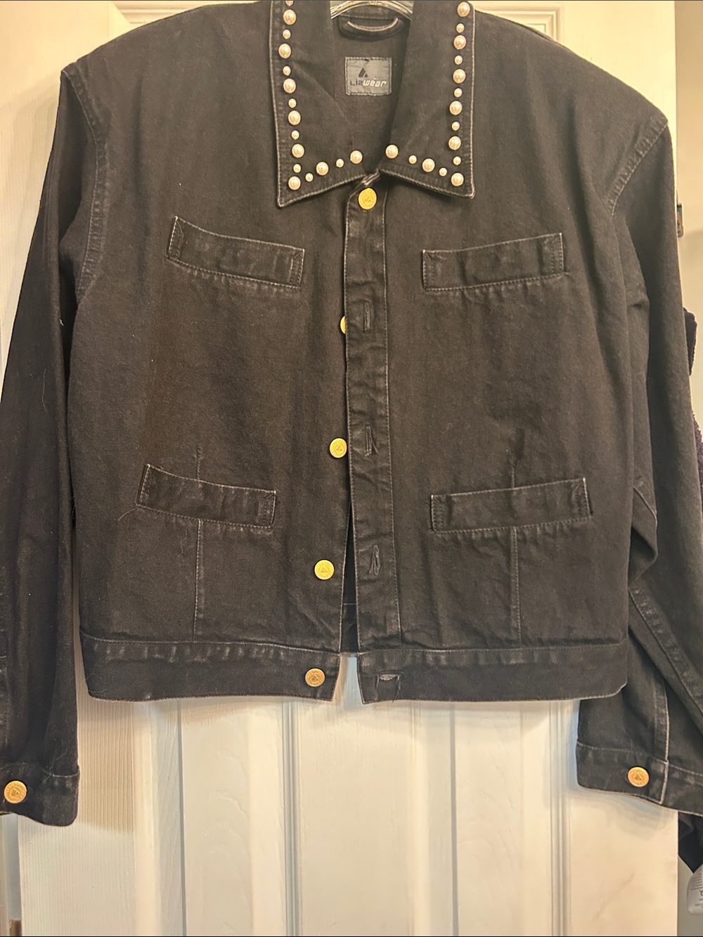 Black Stud-Collar Denim Jacket with Gold Buttons